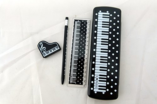 Music Themed Piano Black Pencil Case with Mechanical Pencil, Ruler and Eraser Stationery Set