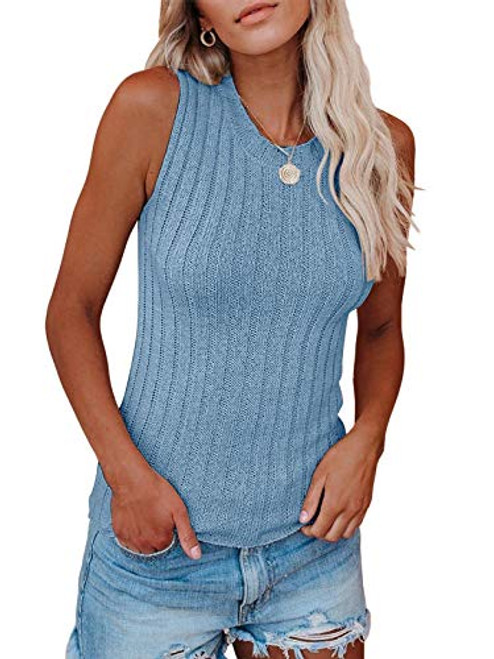 Saodimallsu Womens High Neck Tank Top Summer Ribbed Sleeveless Shirts Casual Loose Knit Cami Sweater Vest -Large, Blue-