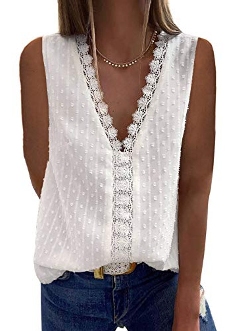 FARYSAYS Women's Summer V Neck White Lace Tank Tops Vintage Elegant Chiffon Plus Sleeveless Blouses Shirt Tunic for Work Ladies XX-Large