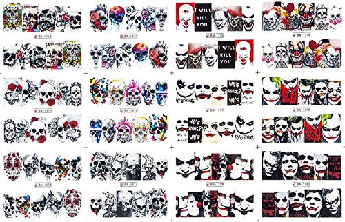Gothic Nail Art Decals - 120 Decals - Day of The Dead Killer Clown Sugar Skull Nail Wrap