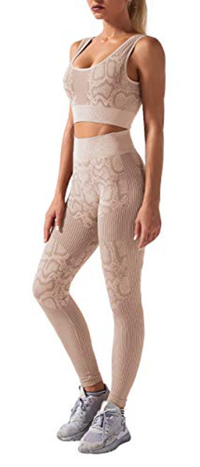 TREMU Workout Sets for Women Seamless 2 Piece Yoga Outfit Gym High Waist Snakeskin Print Leggings with Sport Bra Sets -Khaki, m-