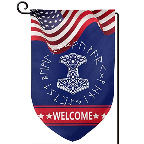 Vikings Mjolnir and Rune Wheel Norse Mythology Symbol Garden Flag 12.5 X 18 in Size Banner for House Decoration Banner Outside Yard Mailbox Banner Double-Sided Printing Vikings Mjolnir and Rune Wheel Norse Mythology Symbol Garden Flag 12.5 X 18 in Size Banner for House Decoration Banner Outside Yard Mailbox Banner Double-Sided Printing