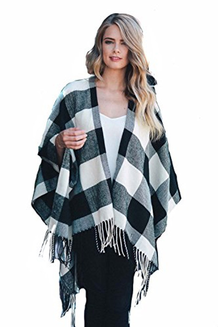 Buffalo Plaid Poncho Wrap Blanket Sweater -White-