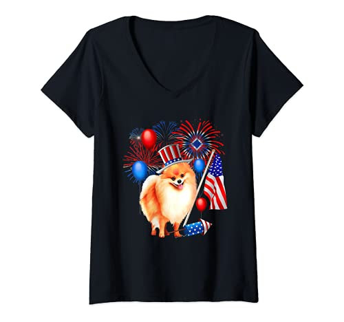 Womens Girls 4th July Womens Summer Outfit American Flag Pomeranian V-Neck T-Shirt