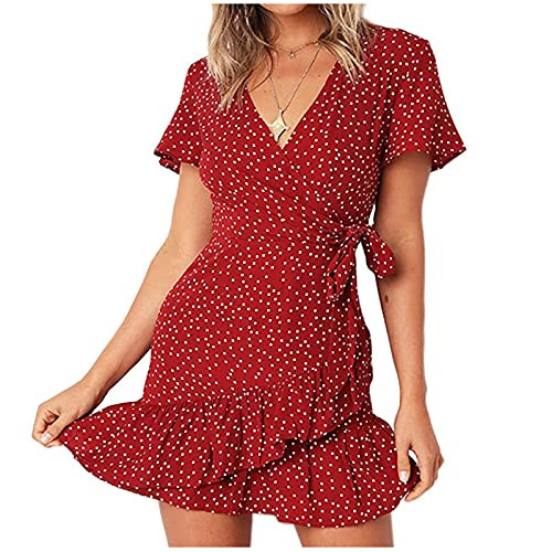 Kansopa Women's Summer Wrap V Neck Polka Dot Print Ruffle Short Sleeve Mini Floral Dress with Belt Hang Neck Sleeveless