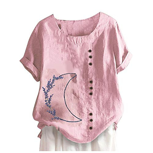 Women's Casual Floral Print Crewneck Short Sleeve Button T-Shirts Tops Loose Cotton Linen Blouses Tunics