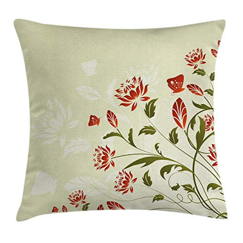 Abstract Throw Pillow Cushion Cover, Floral Flowers with Ivy Swirl Leaves and Light Green Backdrop Image, Decorative Square Accent Pillow Case,White Red and Olive Green 20x20inch