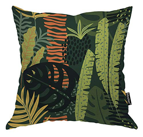 Moslion Palm Leaf Throw Pillow Case Tropical Jungle Forest Green Palm Tree Banana Leaves Pillow Cover Decorative Square Cushion Accent Cotton Linen 20x20 Inch for Sofa Chair