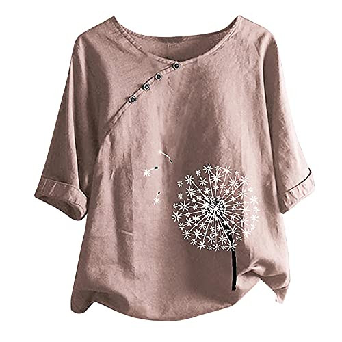 Summer Women Cotton Linen Tshirt Tops Trendy Floral Plus Size Short Sleeve Tunic Tees Casual Loose Fit Button Blouse