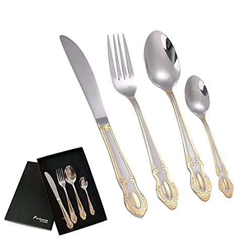 Fortyone Cutlery set 4-piece set?knife fork spoon flatware set?stainless steel flatware cutlery set includes knives, forks and spoons kitchen utensil tableware-Gold - silver-