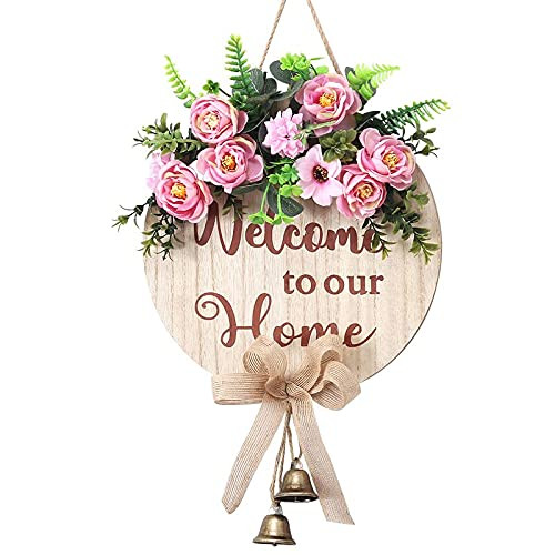 Welcome Sign with Bells for Front Door, Welcome Round Door Sign Hanging with Premium Greenery-Gift for Christmas Housewarming Holiday Home Decoration Welcome Sign with Bells for Front Door, Welcome Round Door Sign Hanging with Premium Greenery-Gift for Christmas Housewarming Holiday Home Decoration
