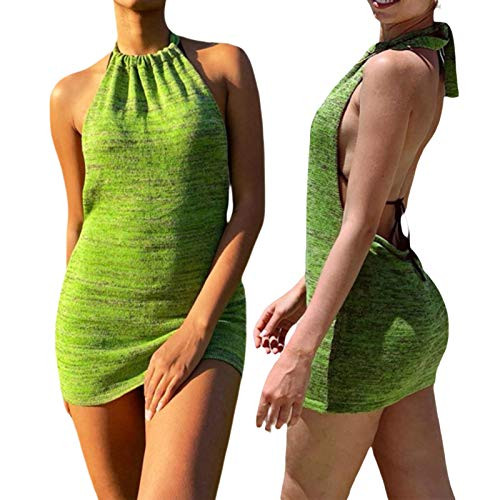 Women Halter Backless Dress, Summer Hollow Out Sleeveless Knitted Dress Sexy Club Bodycon Mini Party Dresses Beach Wear -Green, Small-