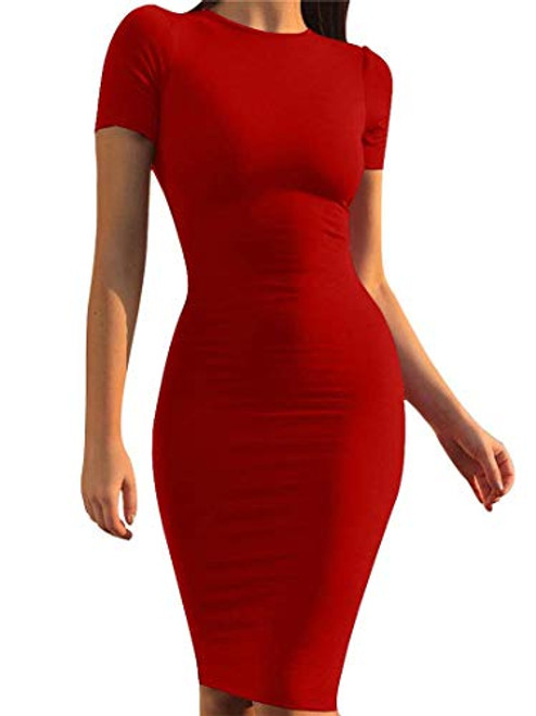 Mokoru Women's Casual Basic Pencil Dress Sexy Long Sleeve Bodycon Midi Club Dress, Medium, Short Sleeve Red Mokoru Women's Casual Basic Pencil Dress Sexy Long Sleeve Bodycon Midi Club Dress, Medium, Short Sleeve Red