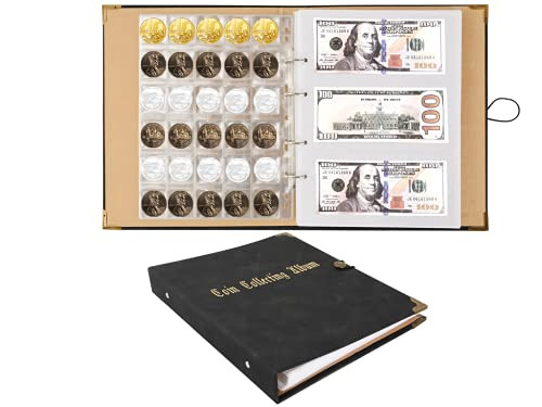 150 Pockets Coin Collecting Holder Album, 240 Pockets Paper Money Penny Currency Collection Holder, Leather Coin Currency Collecting Holder Album, Large Storage Coins Collectors Book. -Black-