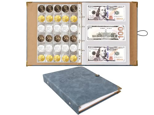 150 Pockets Coin Collecting Holder Album, 240 Pockets Paper Money Penny Currency Collection Holder, Leather Coin Currency Collecting Holder Album, Large Storage Coins Collectors Book. -Navy Blue-