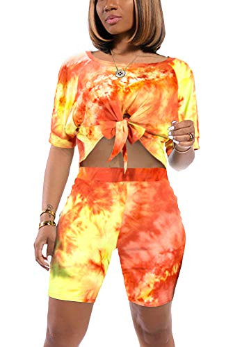 Womens Loungewear Sets - Sexy Short Sleeve Crop Tops  plus Skinny Shorts Tracksuit Medium Tie-dye Orange