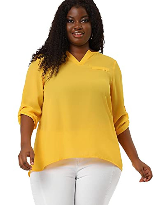 uxcell Women's Plus Size Tops Split Neck High Low Hem 3/4 Roll Sleeves Blouse 1X Yellow