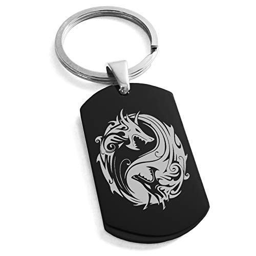 Tioneer Black Stainless Steel Tribal Dragon Yin Yang Symbol Dog Tag Keychain Keyring Tioneer Black Stainless Steel Tribal Dragon Yin Yang Symbol Dog Tag Keychain Keyring