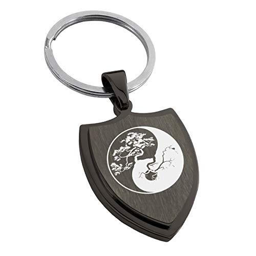 Tioneer Gunmetal Stainless Steel Bonsai Tree Yin Yang Shield Keychain Keyring Tioneer Gunmetal Stainless Steel Bonsai Tree Yin Yang Shield Keychain Keyring