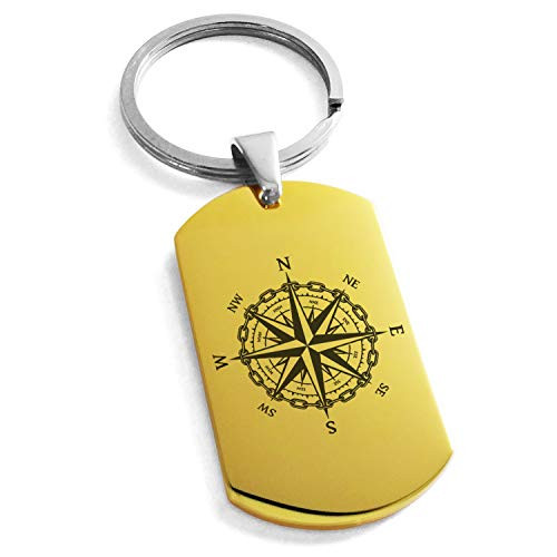 Tioneer Gold Plated Stainless Steel Nautical Chaim Compass Dog Tag Keychain Keyring