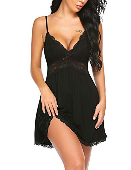 Avidlove Sexy Sleepwear for Women Chemise Nightgown Slip Lingerie Dress V-Neck Night Gown -Black, S-