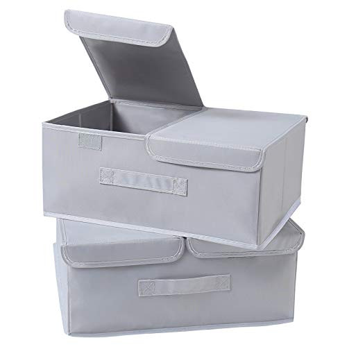 Foldable Fabric Storage Bins with Lids, 2 Pack Fabric Storage Box, Storage Box for Organizing, Double Lid Closet Storage Bins , Storage Bins with Lids, for Bedroom Closet,Clothes, Books,Nursery-Grey-