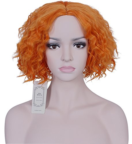 Deifor Unisex Short Kinky Curly Mad Hatter Cosplay Costume Synthetic Halloween Wigs -Orange-