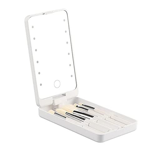 LED Lighted Makeup Mirror, 360° Rotatable Folding Travel HD Mirror with Makeup Brush Storage Box, Portable Lighting Vanity Mirrors for Pocket Girls Friend Gift-White
