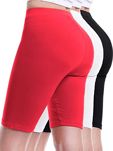 Design by Olivia Women's Basic Solid Cotton Active Yoga Biker Shorts 3PACK - Black/White/Ruby Red L