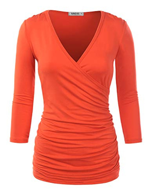 Doublju Womens 3/4 Sleeve V-Neck Surplice Wrap Shirt with Plus Size Coral 2X