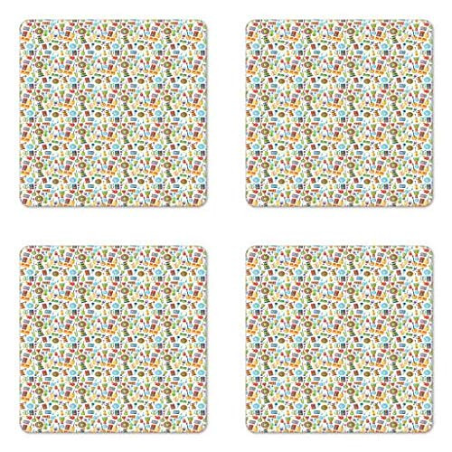 Lunarable Musical Coaster Set of 4, Minimalist Flat Design of Lyre Harp Cymbal Xylophone Violin and Percussion Drums, Square Hardboard Gloss Coasters for Drinks, Multicolor