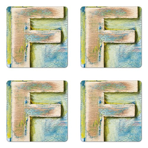Ambesonne Letter F Coaster Set of 4, Damaged Worn Uppercase F Printing Antique Letterpress Block Typeface, Square Hardboard Gloss Coasters for Drinks, Green Blue Tan