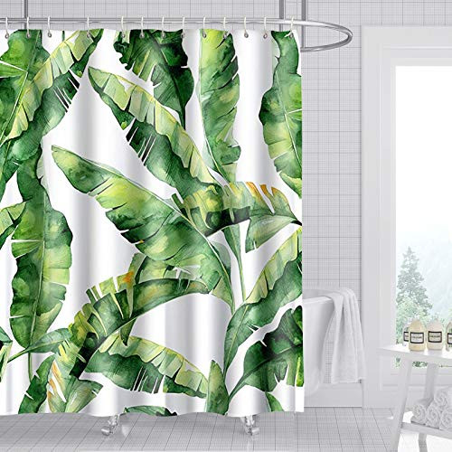 ZeplaAnn Tropical Leaf Shower Curtain, Banana Palm Leaves Fabric Bathroom Curtains Set with Hooks Green Bathroom Decor 72X72 Inches Machine Washable