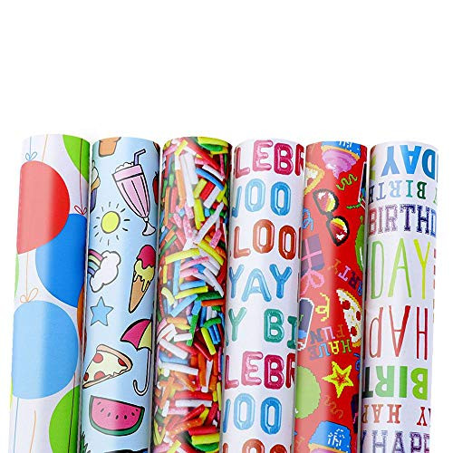 OCD Bargain 6 Pack Assorted Fun Birthday Gift Wrap Wrapping Paper - 8 ft X 30 Roll Includes Sprinkles, Cactus, Pizza, Balloons, Donuts and a Happy Birthady Message