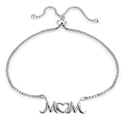 Hoops  and  Loops Sterling Silver MOM Open Heart Polished Adjustable Pull String Bracelet