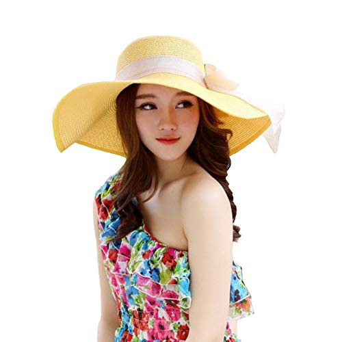 MYSNKU Womens Big Bowknot Straw Hat Large Floppy Foldable Roll up Beach Cap Sun Hat Summer UV Protection Beach Cap -Yellow-