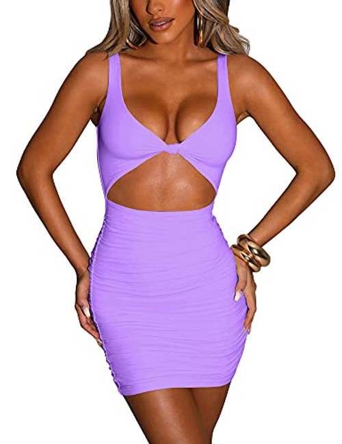 Kaximil Women's Sexy Bodycon Sleeveless Cut Out Ruched Tank Mini Club Party Dresses, X-Small, Purple