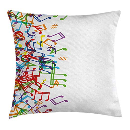 Ambesonne Colorful Throw Pillow Cushion Cover, Trippy Art Style Music Notes with Clef Rhythm Tempo Melody Harmony Print, Decorative Square Accent Pillow Case, 16" X 16", Green Red