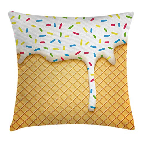 Ambesonne Food Throw Pillow Cushion Cover, Cartoon Like Image of and Melting Ice Cream Cones Colored Sprinkles Print, Decorative Square Accent Pillow Case, 16" X 16", Yellow White