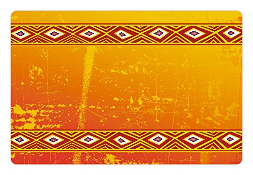 Ambesonne African Pet Mat for Food and Water, Theme Grunge Ornaments with Geometric Pattern Print, Rectangle Non-Slip Rubber Mat for Dogs and Cats, Orange and Marigold