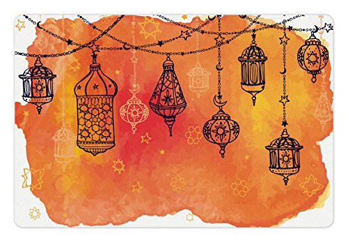 Ambesonne Traditional Pet Mat for Food and Water, Lanterns Garland Middle Eastern Theme Oriental Artwork, Rectangle Non-Slip Rubber Mat for Dogs and Cats, Orange Vermilion Black