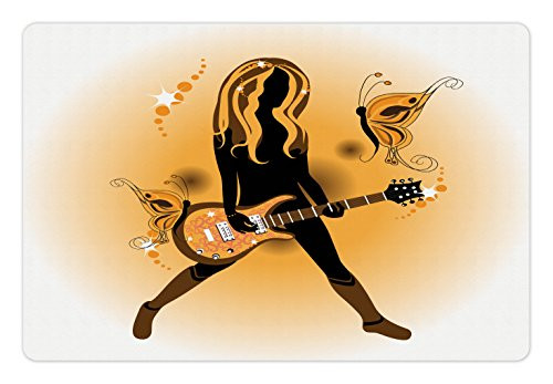 Ambesonne Popstar Party Pet Mat for Food and Water, Girl Silhouette with Hairstyle and Butterflies Playing Guitar, Rectangle Non-Slip Rubber Mat for Dogs and Cats, Orange Brown Dark Brown Ambesonne Popstar Party Pet Mat for Food and Water, Girl Silhouette with Hairstyle and Butterflies Playing Guitar, Rectangle Non-Slip Rubber Mat for Dogs and Cats, Orange Brown Dark Brown