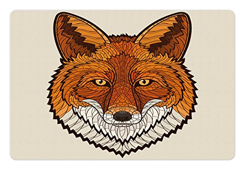 Ambesonne Fox Pet Mat for Food and Water, Wild Fox Portrait in Mosaic Inspired Style Furry Animal Smart Eyes Mascot, Rectangle Non-Slip Rubber Mat for Dogs and Cats, Orange White Black