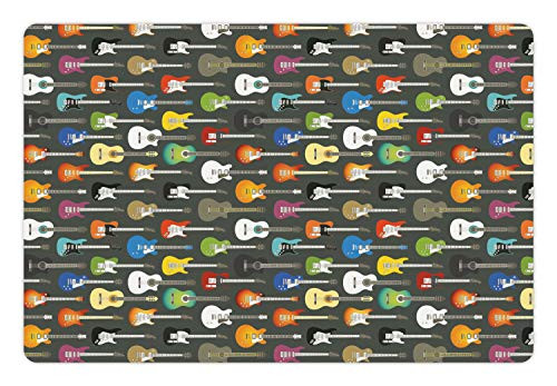 Ambesonne Guitar Pet Mat for Food and Water, Grunge Instruments Strings Creativity Writing Songs Digital Classic Acoustic Music, Rectangle Non-Slip Rubber Mat for Dogs and Cats, Multicolor