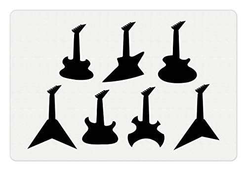 Ambesonne Rock Music Pet Mat for Food and Water, Various Guitar Silhouettes Acoustic Electronic Bass Abstract String Instruments, Rectangle Non-Slip Rubber Mat for Dogs and Cats, Black White