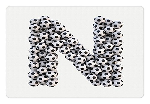 Ambesonne Letter N Pet Mat for Food and Water, Hexagon Motifs Soccer Balls N Alphabet Composition Uppercase Illustration, Rectangle Non-Slip Rubber Mat for Dogs and Cats, Black and White