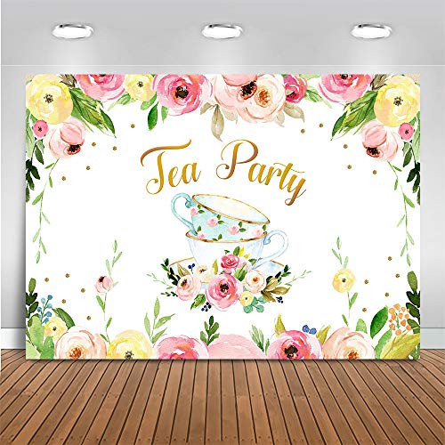 Mocsicka Tea Party Backdrop Let's Partea Flower Photography Background Baby Shower Birthday Party Decor Banner for Girl -7x5ft -82x60 inch--