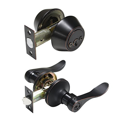 Probrico Exterior Door Lever Handleset with Door Knobs Double Cylinder Deadbolt Keyed Alike Lock Set Oil Rubbed Bronze 1 Pack