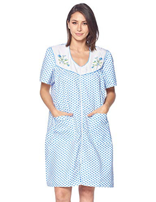 Casual Nights Women's Zipper Front House Dress Short Sleeves Embroidered Seersucker Housecoat Duster Lounger - Dots Blue - 3X-Large