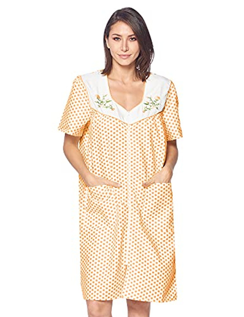 Casual Nights Women's Zipper Front House Dress Short Sleeves Embroidered Seersucker Housecoat Duster Lounger - Dots Orange - Medium